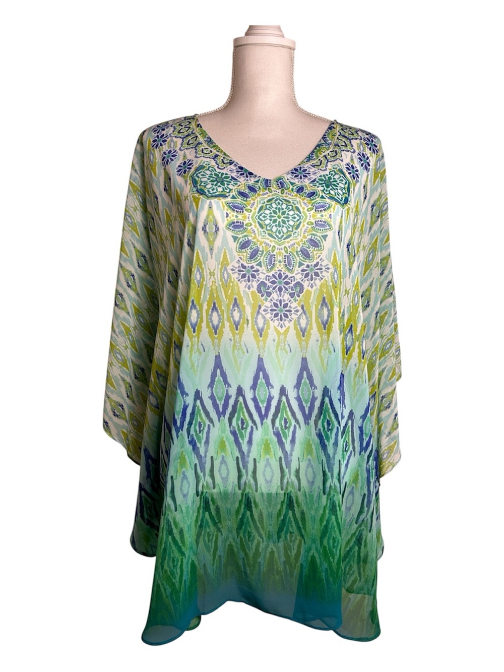 Susan Graver Ikat Sheer Cold Shoulder Blue Green Tunic Caftan Top Size XL